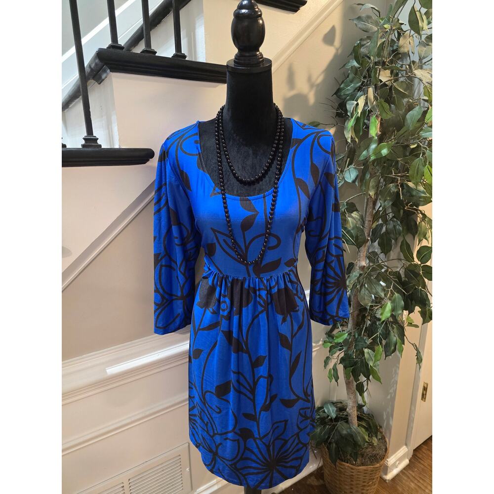 R&B Collection Midi Dress Women's 1X Blue Floral Casual Loose Fit Long Sleeves - Picture 2 of 11